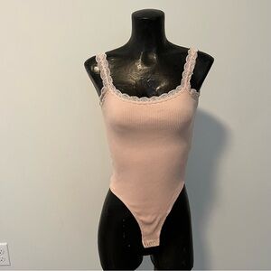 Ribbed Pink Lace Bodysuit